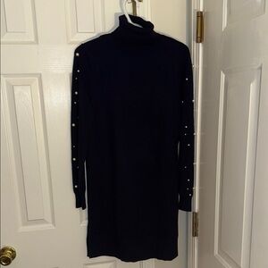 Elegant Navy Blue Turtleneck Dress with Pearl Accents